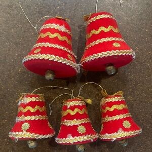 Set of 5 Vintage Flocked Christmas Bell Ornaments